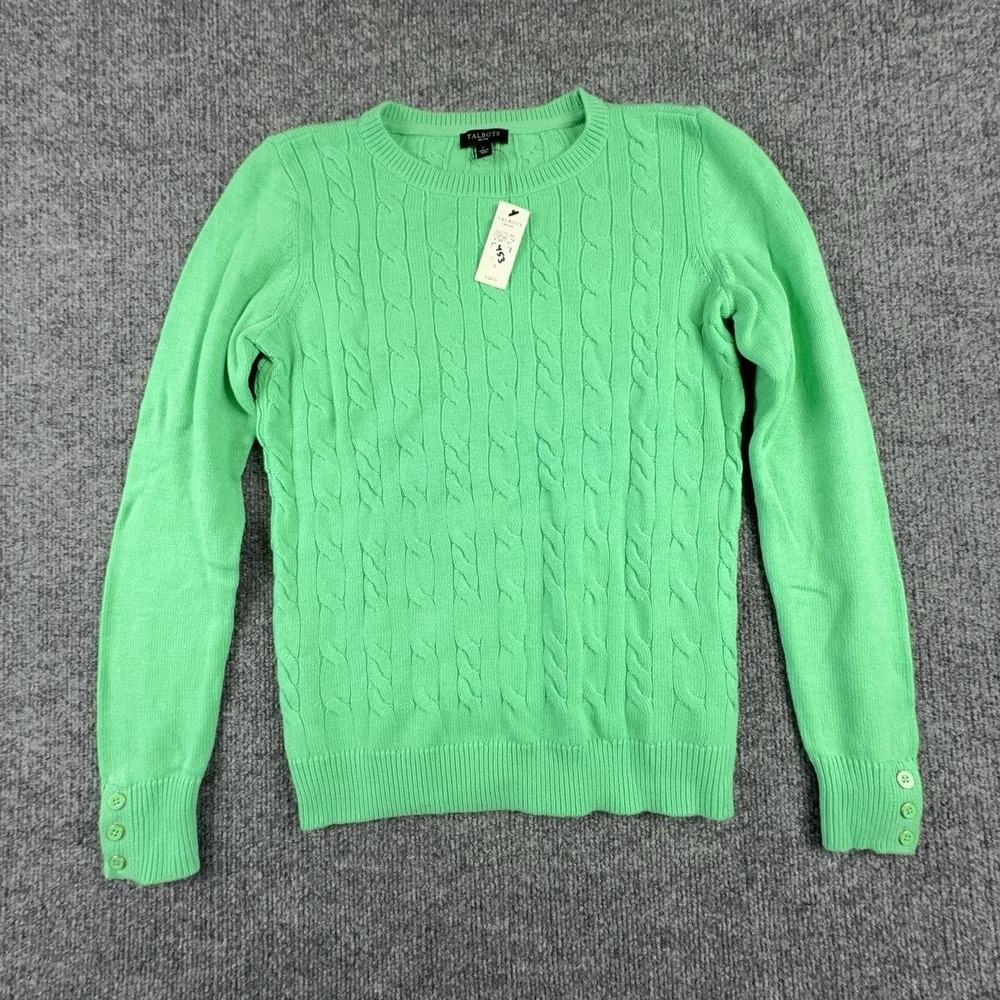 Talbots Sweater Womens Petite P Green Cable Knit Lambswool Crewneck Pullover